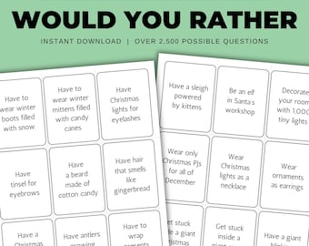 Może przedstawiać: Świąteczna gra "Would You Rather" z zielono-białym banerem z napisem "Christmas Edition". Gra oferuje ponad 2500 pytań i jest dostępna do natychmiastowego pobrania. Karty do gry przedstawiają humorystyczne scenariusze świąteczne.