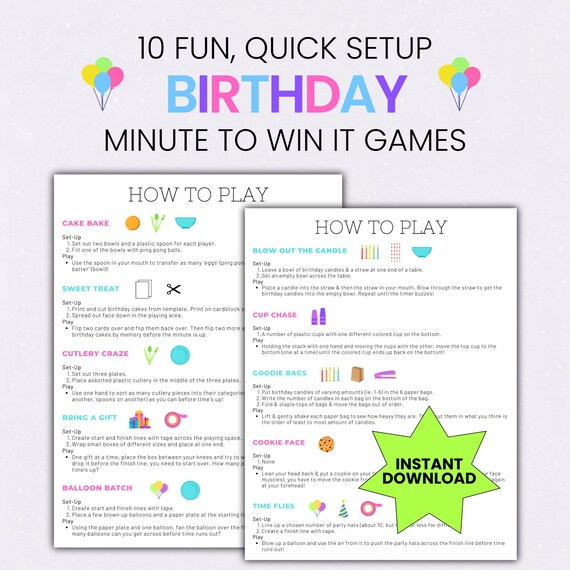 Kids Birthday Minute to Win It Printable Game Ideas with Supply List and Score Sheet