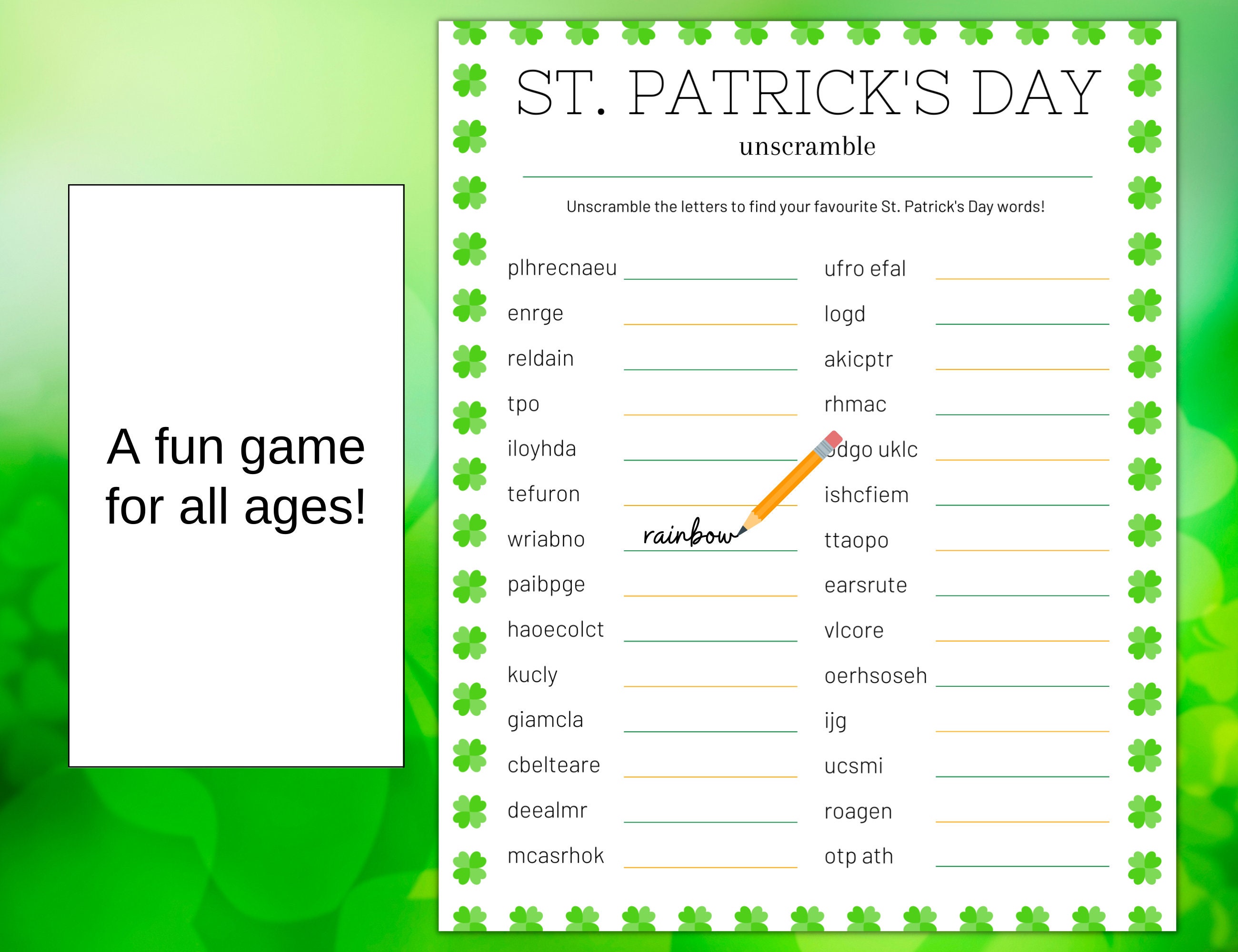 St Patrick's Day Word Scramble Game Printable With Answer Key - Etsy
