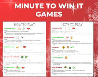 May include: A festive printable game sheet with instructions for 10 Christmas Minute to Win It Games. The red and white design features game titles like "Snowman Stack" and "Santa's Sleigh", with illustrations and text for each game.