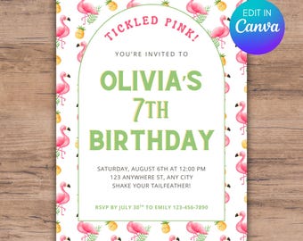 Invitación editable para fiesta de cumpleaños de flamenco, fiesta infantil de verano, tema de fin de curso, fin de clases, hola verano