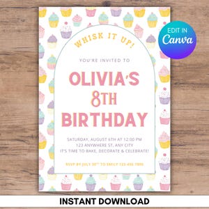 Editable Baking Cupcake Birthday Party Invitation, E-Vite Cute Kids Party, Girls Birthday Mobile Invitation