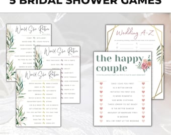 May include: Five printable bridal shower games with a green and gold floral theme. The games include "Would She Rather", "Wedding A-Z", and "The Happy Couple".