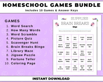 Homeschool Activities Games Printable Bundle, Classroom, Family