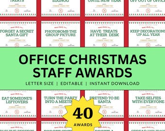 Tarjetas imprimibles editables para premios navideños de empleados, certificados para fiestas de oficina en equipo, regalo para empleados