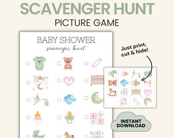 Juegos para baby shower, búsqueda del tesoro imprimible de género neutro con imágenes, familia