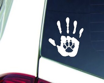 Dog Lover Paw Print Hand Print Sticker Decal - You Choose Color and Size - Vehicle, Water Bottle, Phone, Guitar Case, Mirror, Laptop, etc.