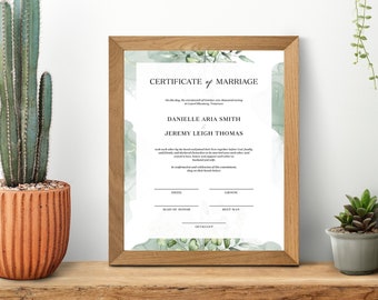 Customizable Greenery Floral Marriage Certificate - Simple, Elegant, Wedding - 8x10; 16x24