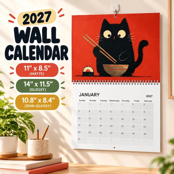 Vintage Kawaii Japanese Black Cat Calendar 2027 | Minimal Japanese Art