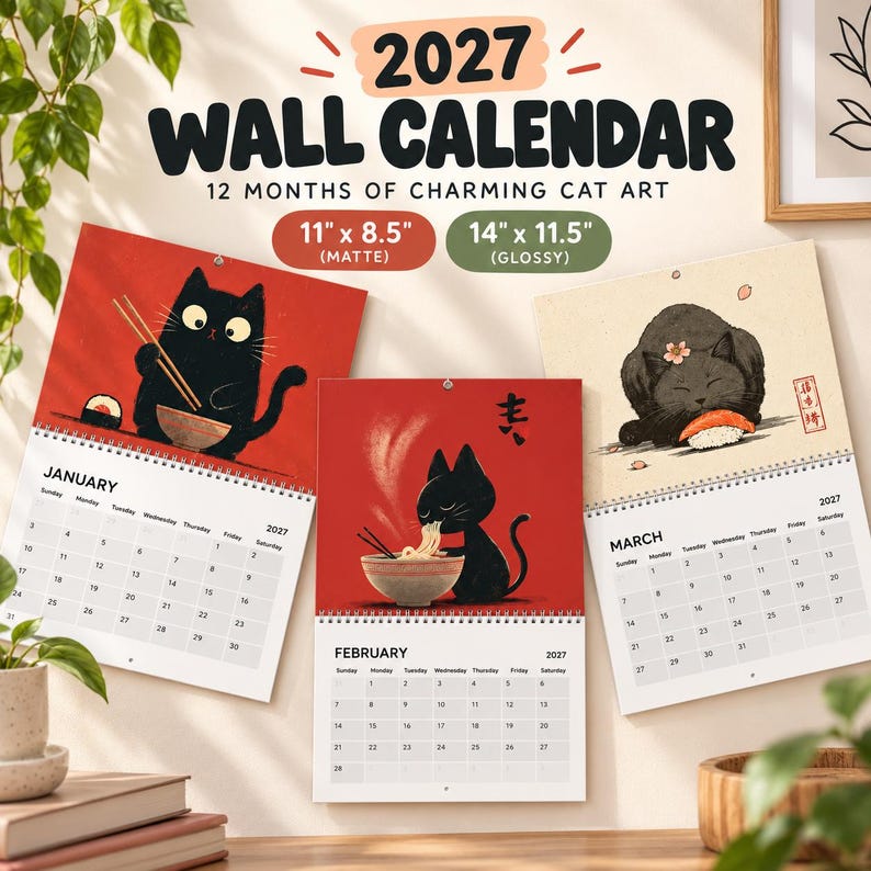 May include: A 2027 wall calendar featuring cat art for January, February, and March. The calendar displays three open pages with illustrations of black cats eating sushi and noodles. Available in 27.9 by 21.6 cm matte or 35.6 by 29.2 cm glossy.