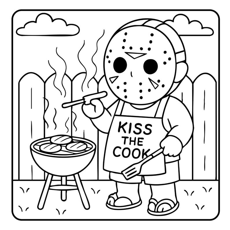Puede incluir: Una ilustraci&oacute;n en blanco y negro de una persona con una m&aacute;scara de hockey y un delantal que dice "Kiss the Cook". La persona est&aacute; sosteniendo una esp&aacute;tula y asando salchichas en una parrilla.