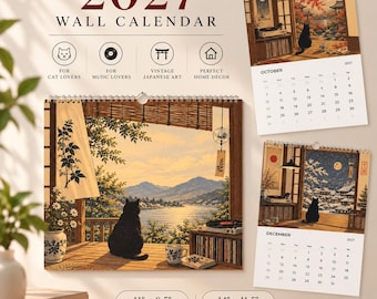 May include: A 2027 wall calendar featuring Japanese-inspired illustrations of black cats in scenic settings. The calendar displays monthly grids, including October and December, with dimensions of 27.9 cm by 21.6 cm or 35.6 cm by 29.2 cm.
