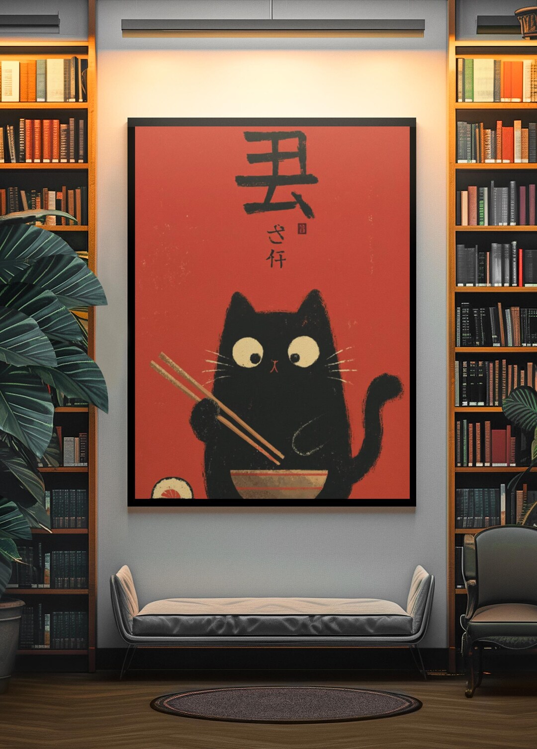 Black Cat Wall Art Print, Japanese Style Cat Illustration, Cute Minimal ...