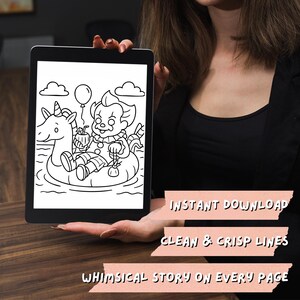 Puede incluir: P&aacute;gina para colorear en blanco y negro con un payaso montando un flotador de unicornio. El payaso lleva un sombrero y sostiene una bebida de coco. El flotador de unicornio tiene un cuerno y una cola. La imagen est&aacute; en una tableta digital.