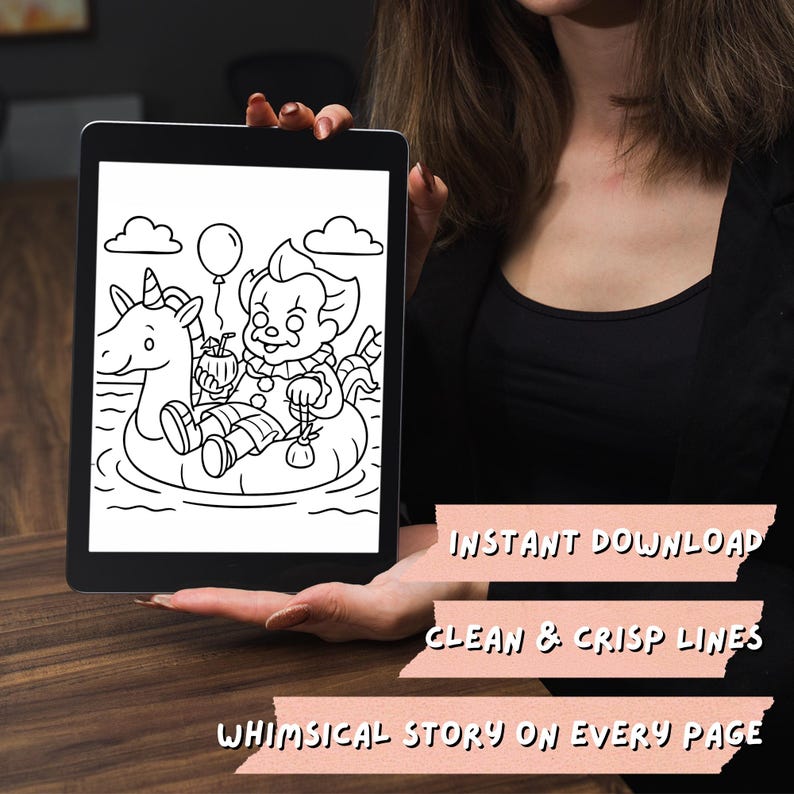 Puede incluir: P&aacute;gina para colorear en blanco y negro con un payaso montando un flotador de unicornio. El payaso lleva un sombrero y sostiene una bebida de coco. El flotador de unicornio tiene un cuerno y una cola. La imagen est&aacute; en una tableta digital.