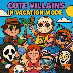 Puede incluir: Una ilustraci&oacute;n colorida de varios villanos de dibujos animados de vacaciones. Los personajes incluyen a Jason Voorhees, Freddy Krueger, Pennywise el payaso bailar&iacute;n, Ghostface y un buzo. El texto "Cute Villains in Vacation Mode" est&aacute; en la parte superior de la imagen.