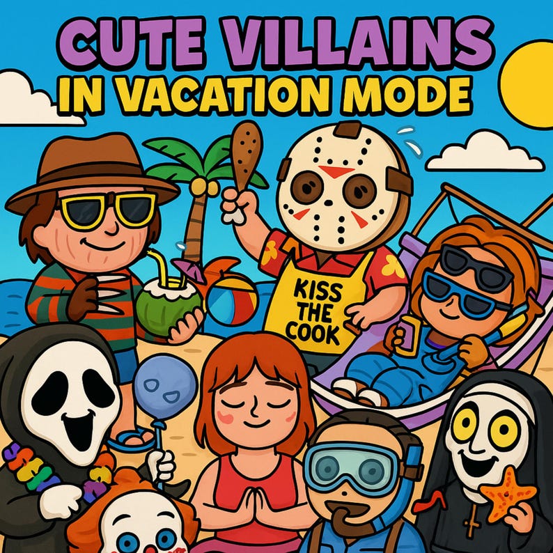 Puede incluir: Una ilustraci&oacute;n colorida de varios villanos de dibujos animados de vacaciones. Los personajes incluyen a Jason Voorhees, Freddy Krueger, Pennywise el payaso bailar&iacute;n, Ghostface y un buzo. El texto "Cute Villains in Vacation Mode" est&aacute; en la parte superior de la imagen.