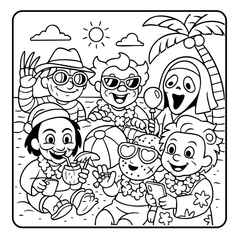 Puede incluir: Dibujo en blanco y negro de seis personajes de dibujos animados en una playa. Los personajes llevan gafas de sol y collares de flores. Un personaje sostiene una pelota de playa, otro sostiene un coco y otro sostiene un tel&eacute;fono m&oacute;vil.