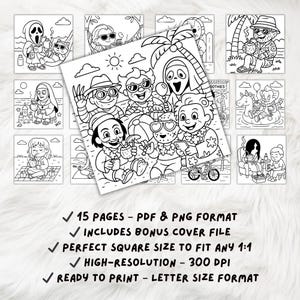 Puede incluir: P&aacute;ginas para colorear en blanco y negro con varios personajes disfrutando de actividades de verano como beber batidos, relajarse en la playa y andar en bicicleta. Las p&aacute;ginas est&aacute;n dise&ntilde;adas para que ni&ntilde;os y adultos las coloreen.