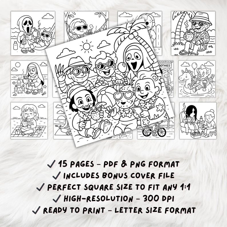 Puede incluir: P&aacute;ginas para colorear en blanco y negro con varios personajes disfrutando de actividades de verano como beber batidos, relajarse en la playa y andar en bicicleta. Las p&aacute;ginas est&aacute;n dise&ntilde;adas para que ni&ntilde;os y adultos las coloreen.