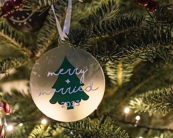 Custom Acrylic Christmas Ornament for Newlyweds / Merry and Married Ornament