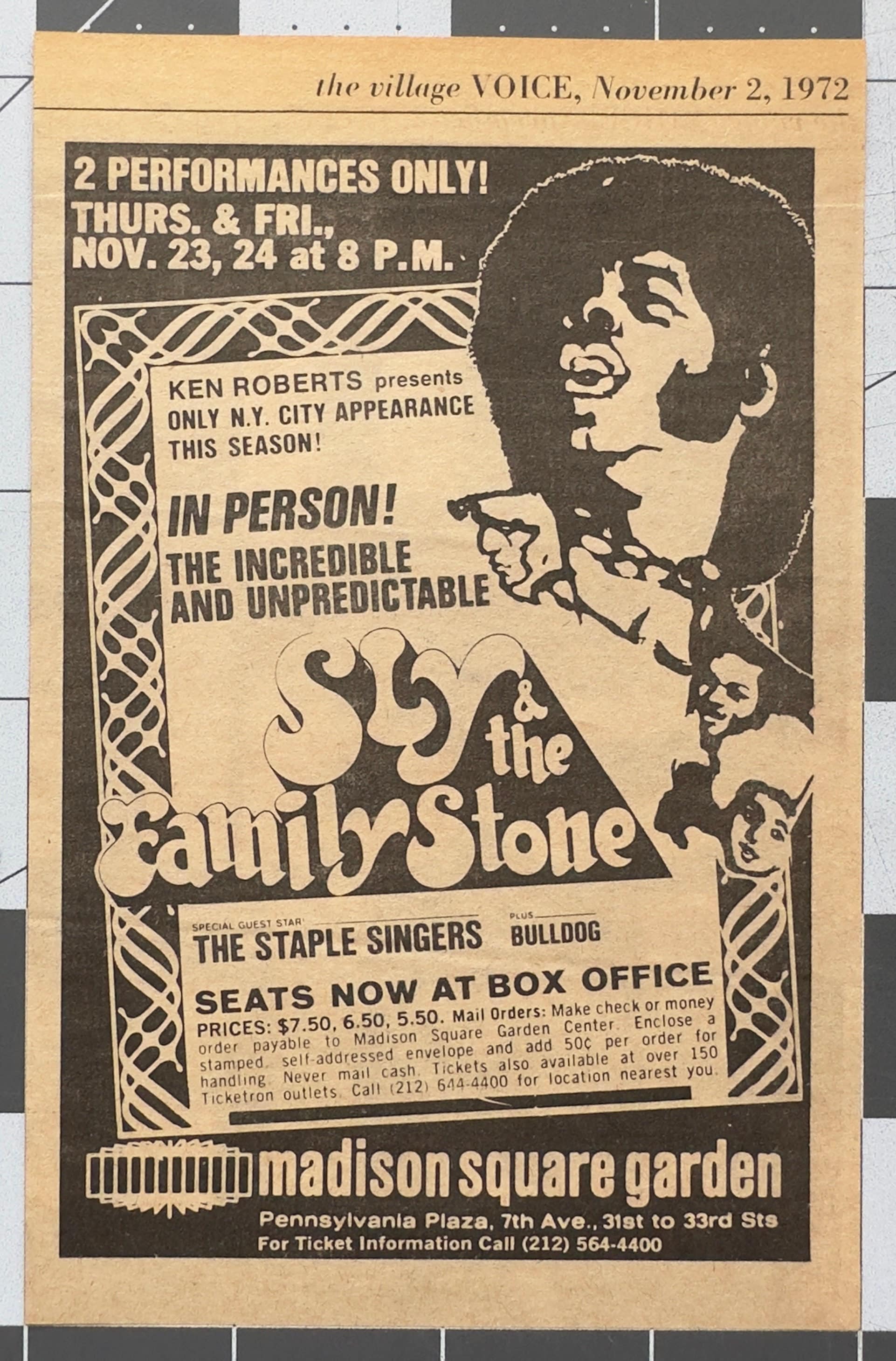 Original Concert Ad - Sly & the Family Stone - 1972 November