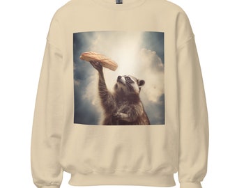 Sudadera divertida con mapache y baguette, cuello redondo acogedor para amantes de los animales