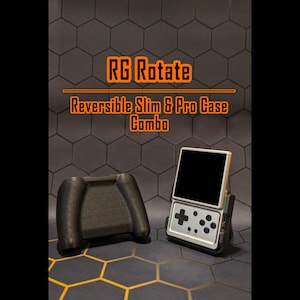 May include: A silver handheld gaming console with a black screen and buttons, positioned next to a black textured controller grip. The text RG Rotate Reversible Slim & Pro Case Combo is displayed in orange letters above the gaming devices.