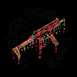 Könnte beinhalten: Ein farbenfrohes Bild einer Schusswaffe mit tropfendem Farbeffekt. Die Waffe ist in Rot-, Orange-, Gelb-, Grün- und Lilatönen auf schwarzem Hintergrund dargestellt. Der Text "Absolute Custom Tees" ist in einem Kreis um die Waffe angeordnet.
