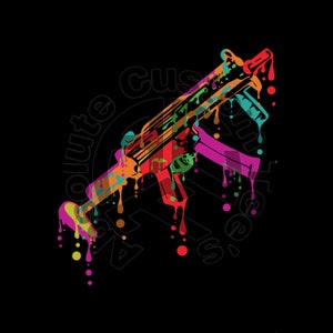 May include: A colorful illustration of a machine gun with paint splatters. The gun is outlined in black and filled with various colors, including red, orange, yellow, green, blue, and purple.