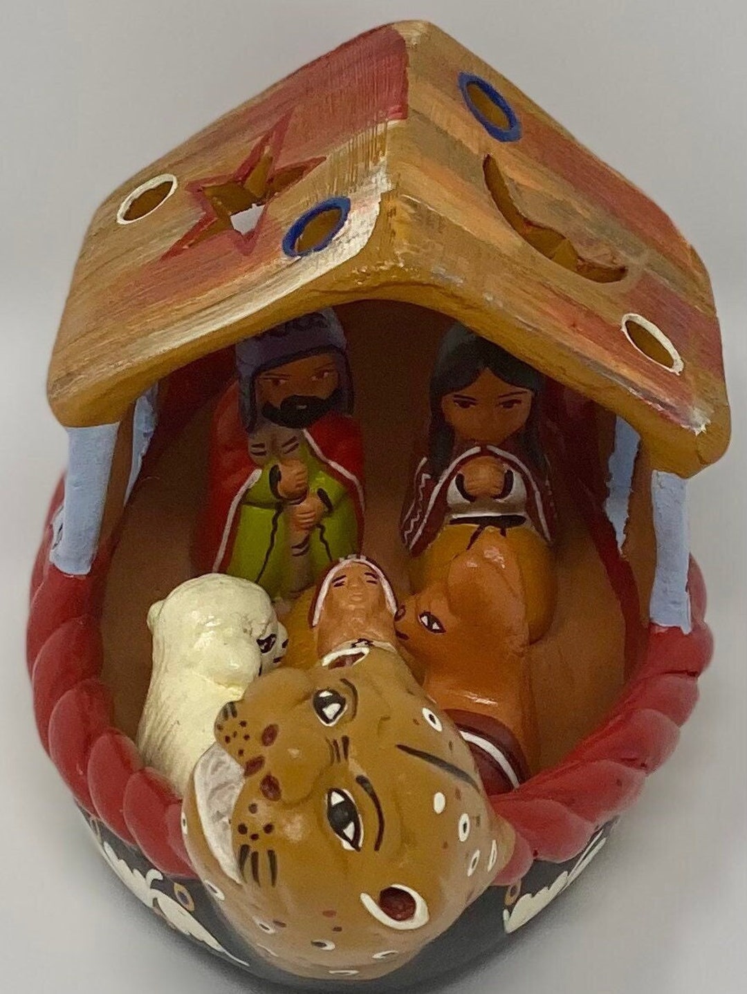Peruvian Clay Nativity Canoe Mary Joseph & Baby Jesus Religious