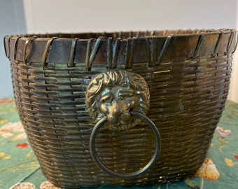 Solid Brass Woven Basket with Lion Head Handles