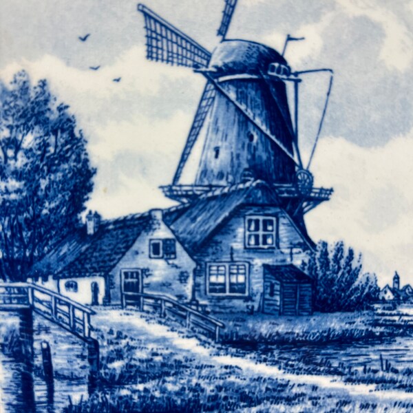 Vintage Amsterdam Holland Windmill Blue Tile