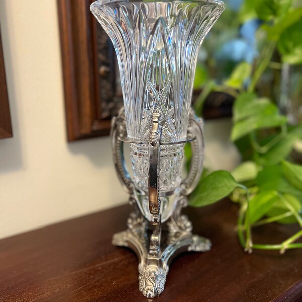 Vintage Godinger Crystal Vase with Silver-plate Three Legged Holder