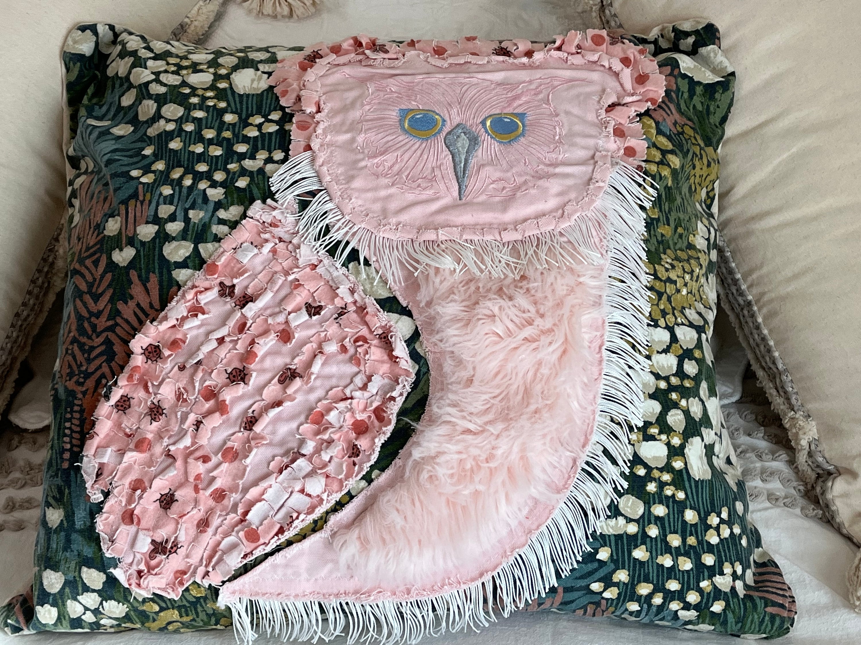 Handmade Original Design Owl Pillow PINK 22” Square