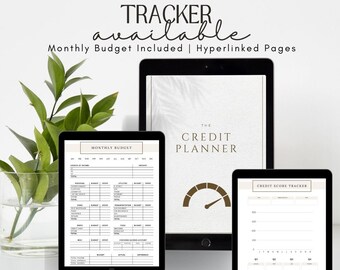 May include: A minimalist credit and debt tracker displayed on three tablets. The text "MINAMILIST CREDIT & DEBT TRACKER available" is at the top. The tablets show a monthly budget, a credit planner, and a credit score tracker. Green leaves are in a vase.