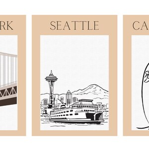 Set of 3 City digital prints, California, Seattle, New York, American Cities, digital prints for frames, wall art, neutral tones