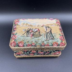 Vintage Tapestry Music Jewelry Box Floral Gold Trim Red Velvet Interior