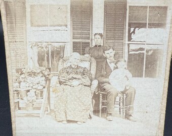 Antique Sepia Tone Photo Family Portrait on Porch 1800s Cabinet Card