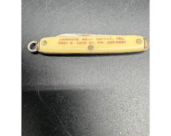 Vintage Hawkeye Auto Supply reclame zakmes sleutelhanger verzamelinstrument