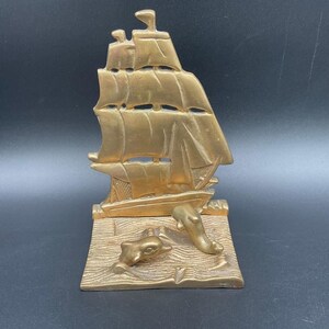 Vintage Brass Tall Ship And Dolphins Nautical Bookend Maritime Decor