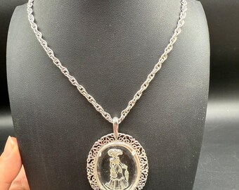 Avon Clear Cameo Necklace Silver Tone Lucite Pendant Victorian Woman in Gown