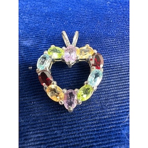 Vintage Sterling Silver Heart Pendant Multicolor Gemstones Garnet Amethyst Topaz