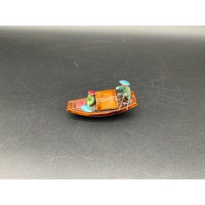 Vintage Ceramic Boat Figurine with Brown Glaze and Painted Figure, Japan Mini 3&quot;