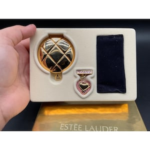 Estée Lauder Collectible Lucidity Compact Gold Quilted with Pink Heart Charm NIB
