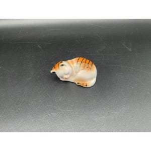 Vintage Mini Ceramic Sleeping Cat Figurine Orange Striped Porcelain Spotted Cat