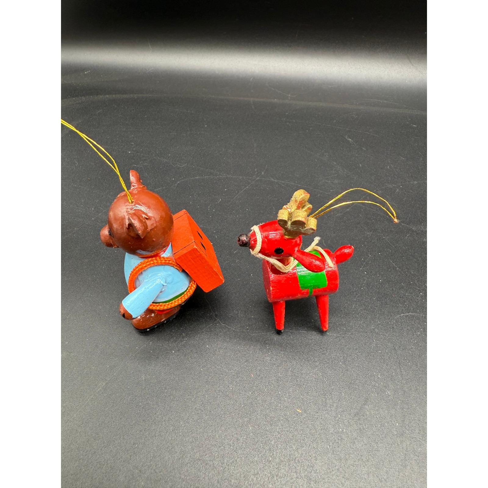 1980 R Dakin Wood Christmas Ornaments Bear and Red Reindeer Pair