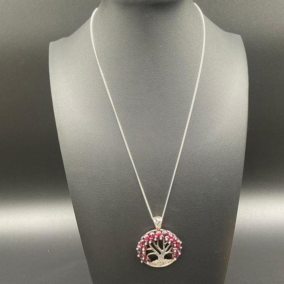 Sterling Silver Garnet Tree Of Life Pendant Necklace 19" Chain  Gift