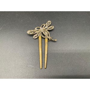 Vintage Sweet Romance Dragonfly Hair Stick Brass Tone Rhinestone Hair Pin USA