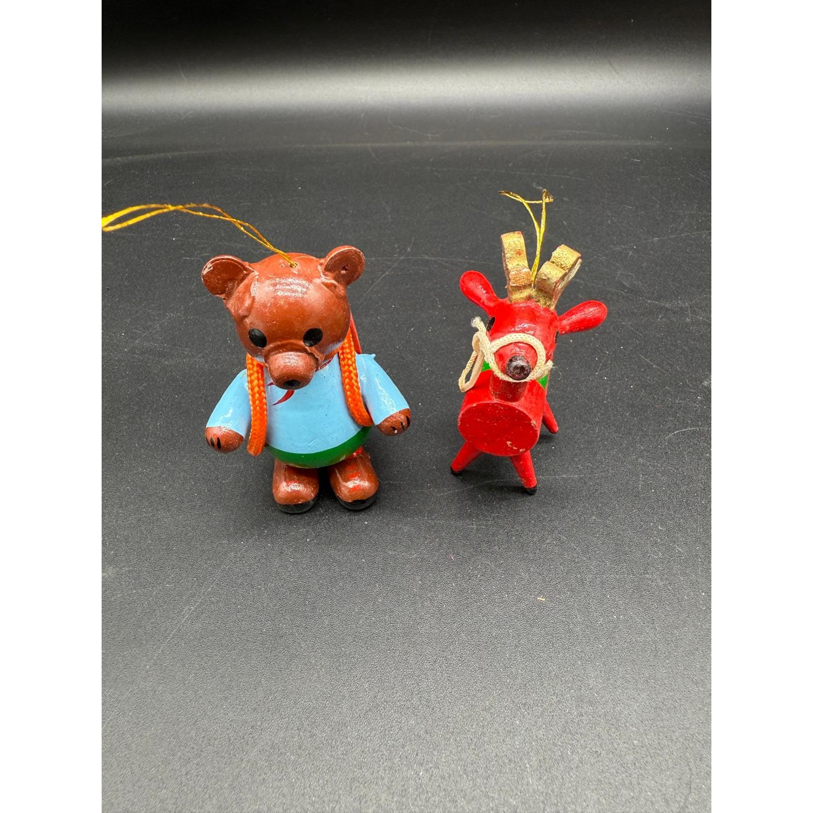 1980 R Dakin Wood Christmas Ornaments Bear and Red Reindeer Pair